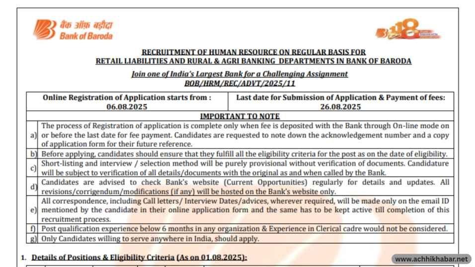 Official Notification Bank of Baroda Recruitment 2025